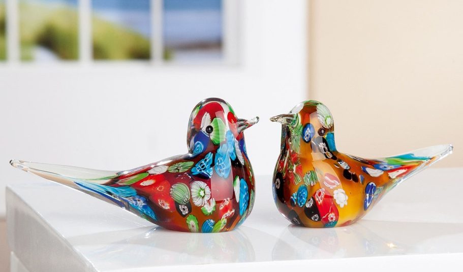 Figurine oiseau motif floral verre multicolore